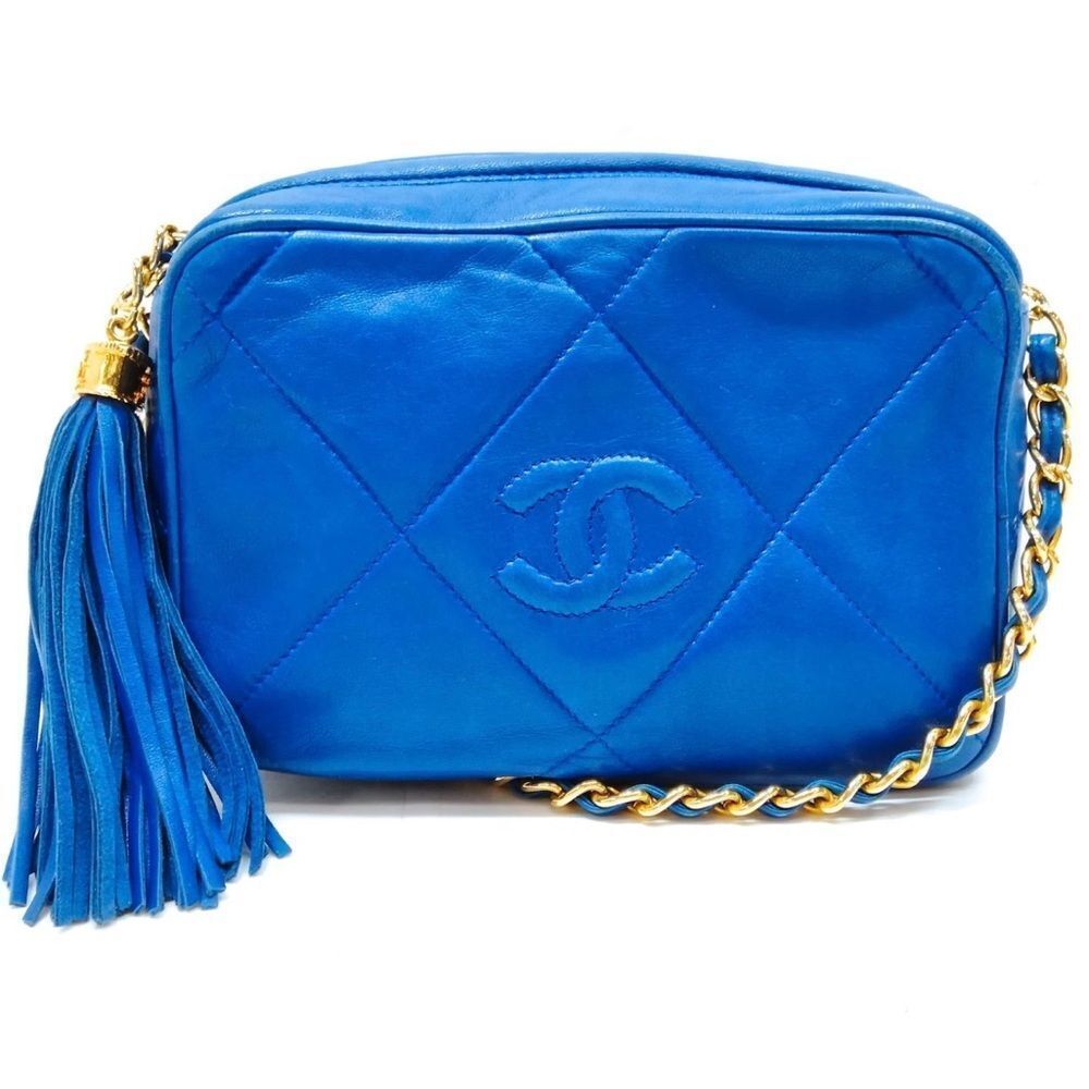 CHANEL Quilted Tassel CC Camera Bag Case Blue Lambskin Auth 1980s Crossbody